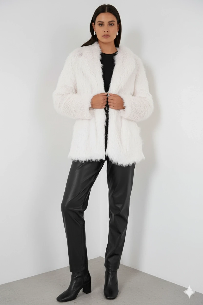 Kadın Beyaz Kemer Detaylı Astarlı Peluş Kürk Mont HZL25W-BD191561