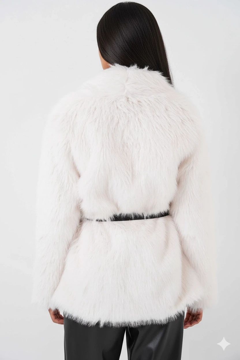 Kadın Beyaz Kemer Detaylı Astarlı Peluş Kürk Mont HZL25W-BD191561