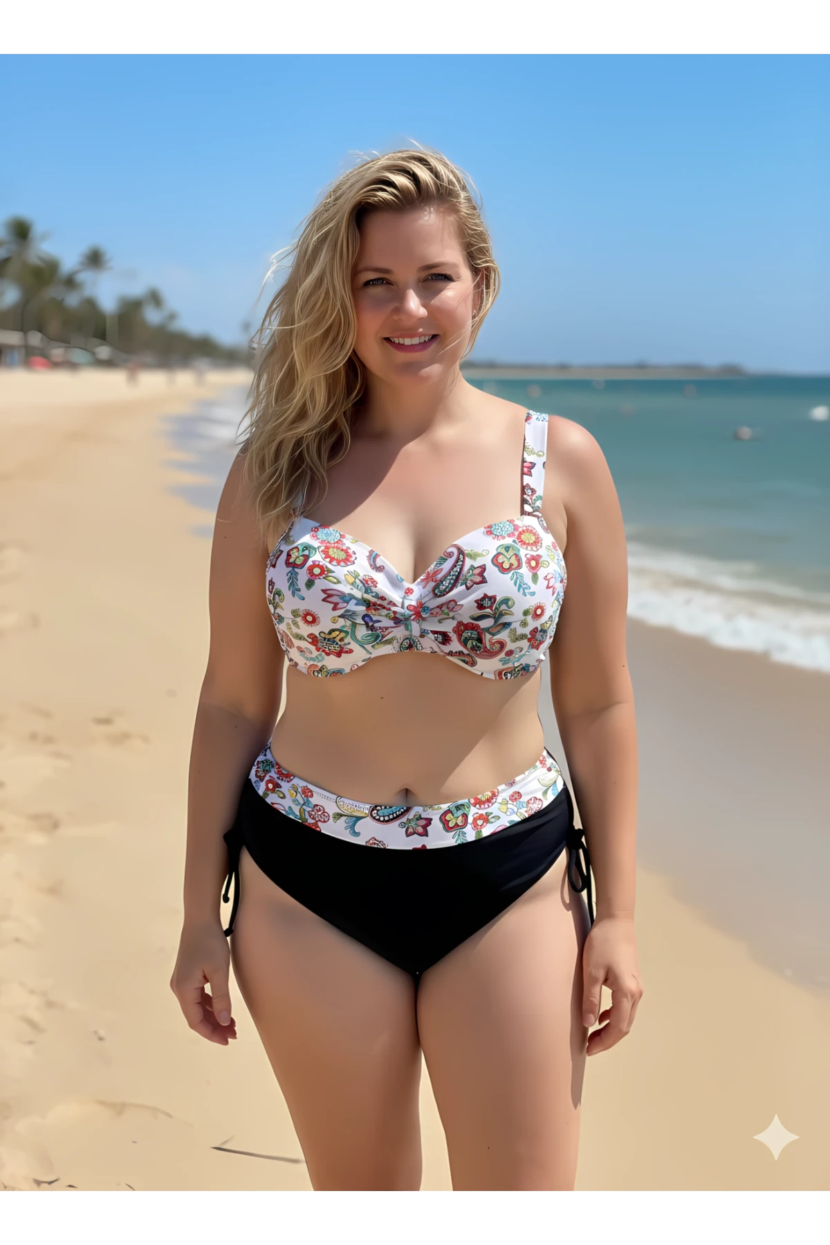 Kadın Beyaz Siyah Desenli Yüksel Bel Astarlı Büyük Beden Bikini Takımı HZL25S-LC3339