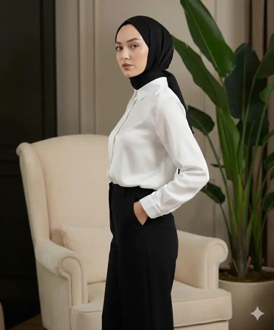 Kadın Beyaz Tesettür Küçük ve Büyük Bedenler Hafif Dökümlü Saten Yüzeyli Gömlek HZL25W-BD139641