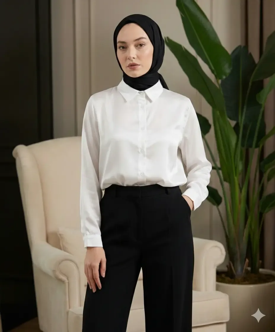 Kadın Beyaz Tesettür Küçük ve Büyük Bedenler Hafif Dökümlü Saten Yüzeyli Gömlek HZL25W-BD139641