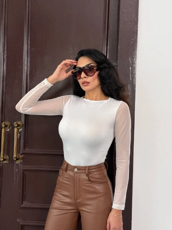 Kadın Beyaz Uzun Tül Kol Sandy Bluz HZL25W-FRY122521