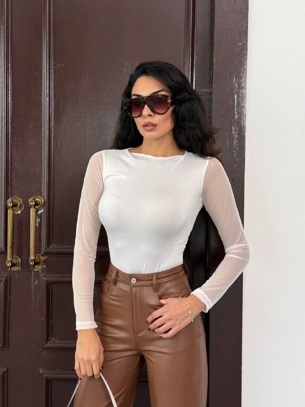 Kadın Beyaz Uzun Tül Kol Sandy Bluz HZL25W-FRY122521