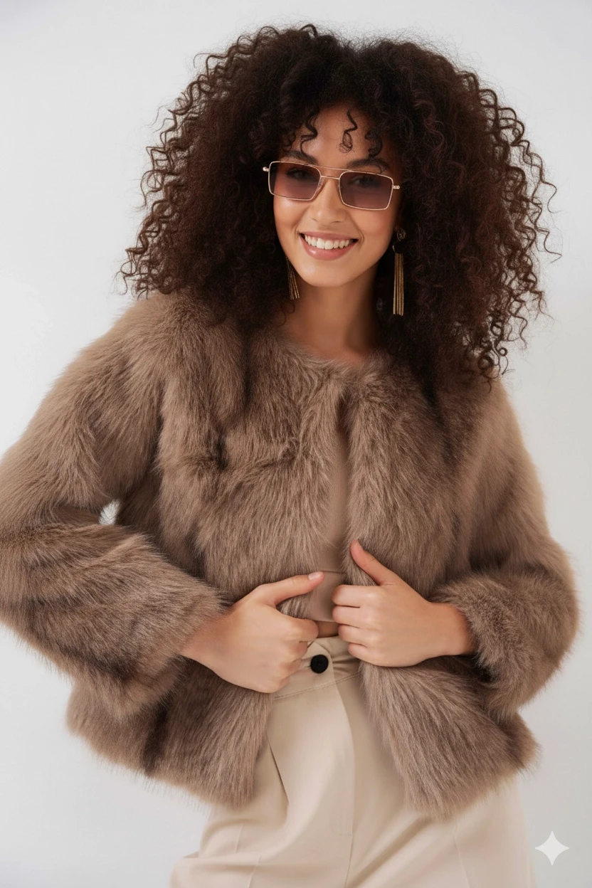 Kadın Bisküvi İçi Astarlı Peluş Kürk Mont HZL25W-BD152251