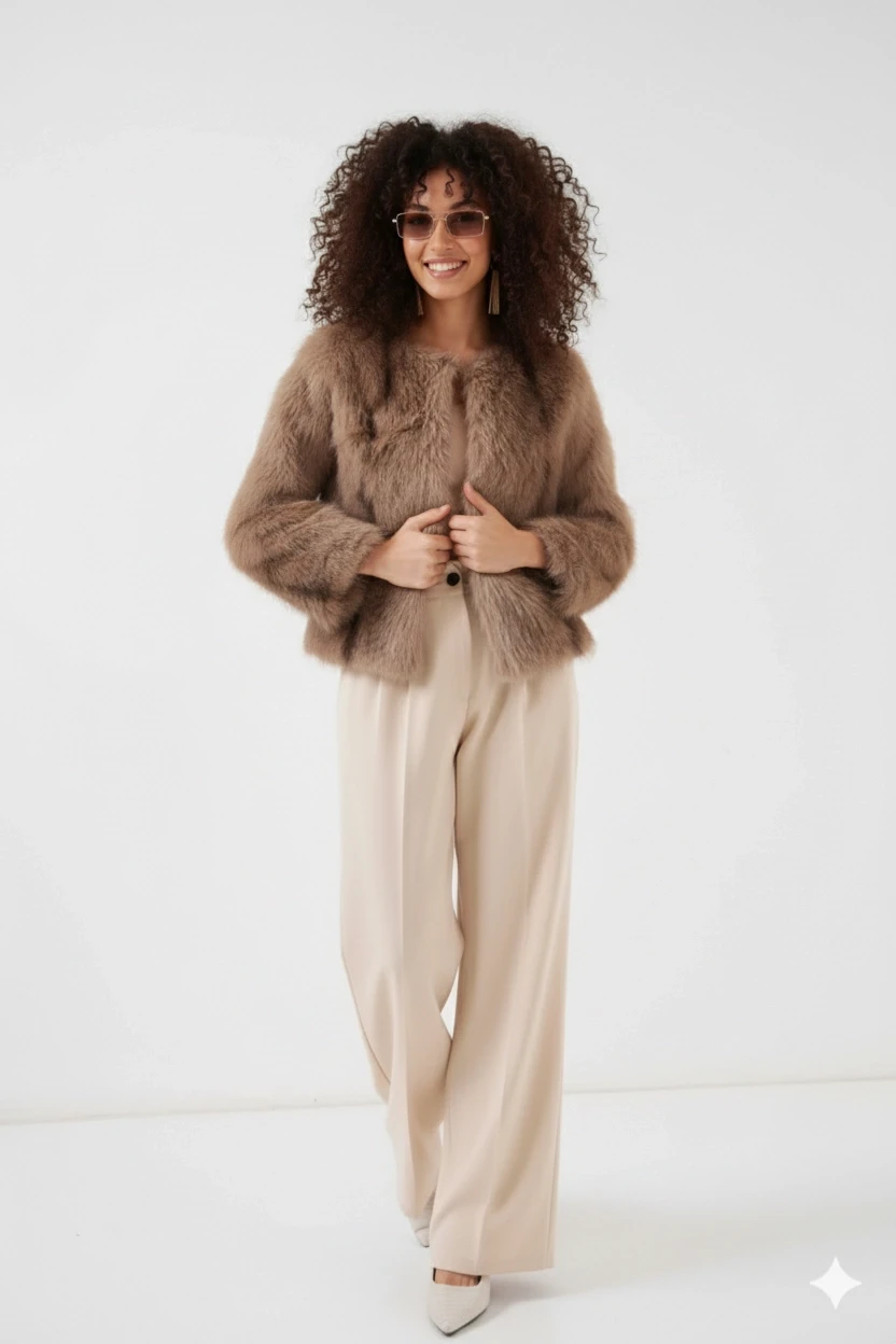 Kadın Bisküvi İçi Astarlı Peluş Kürk Mont HZL25W-BD152251