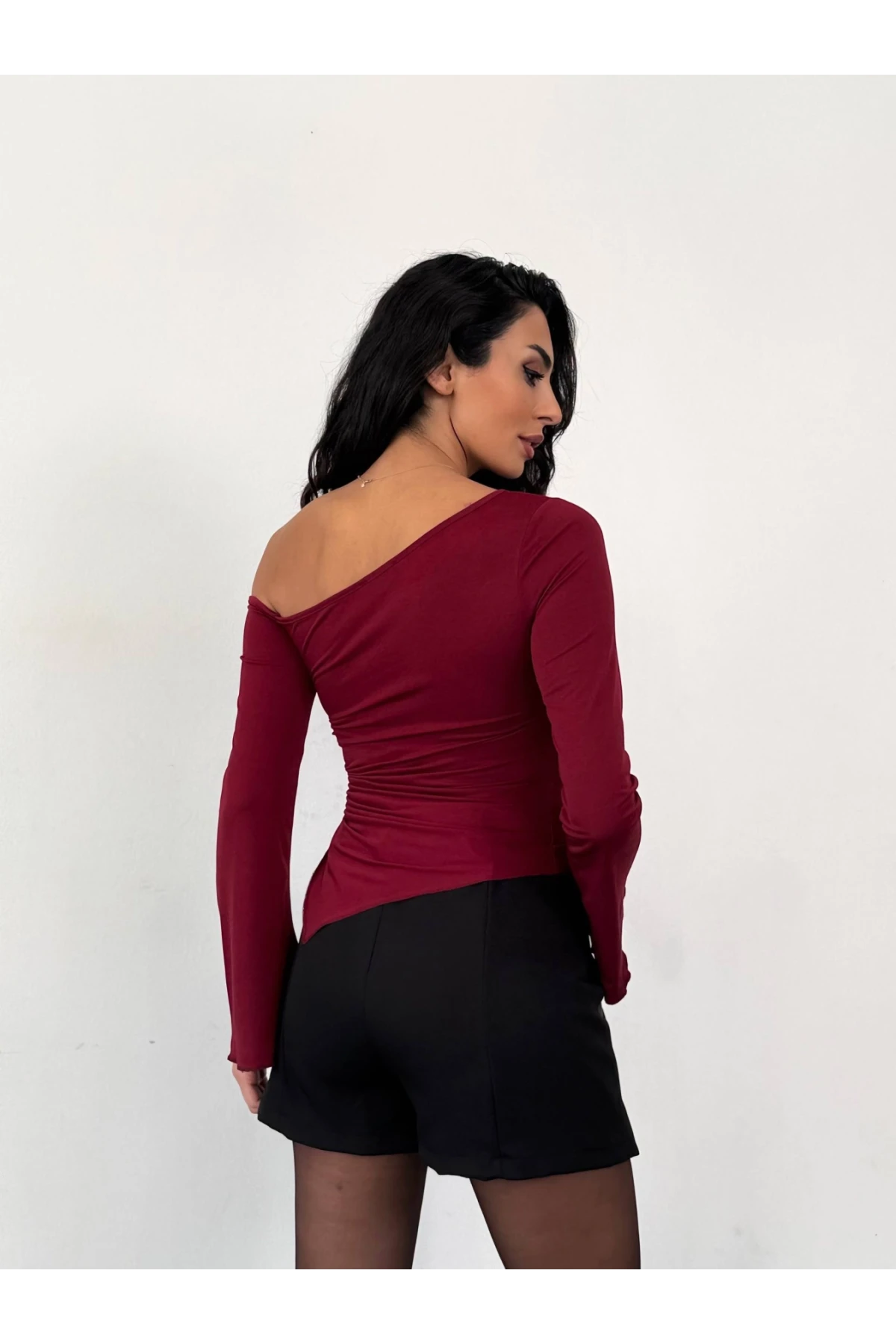 Kadın Bordo Asimetrik Kesim İspanyol Kol Beli Büzgülü Sandy Bluz HZL25W-FRY123591
