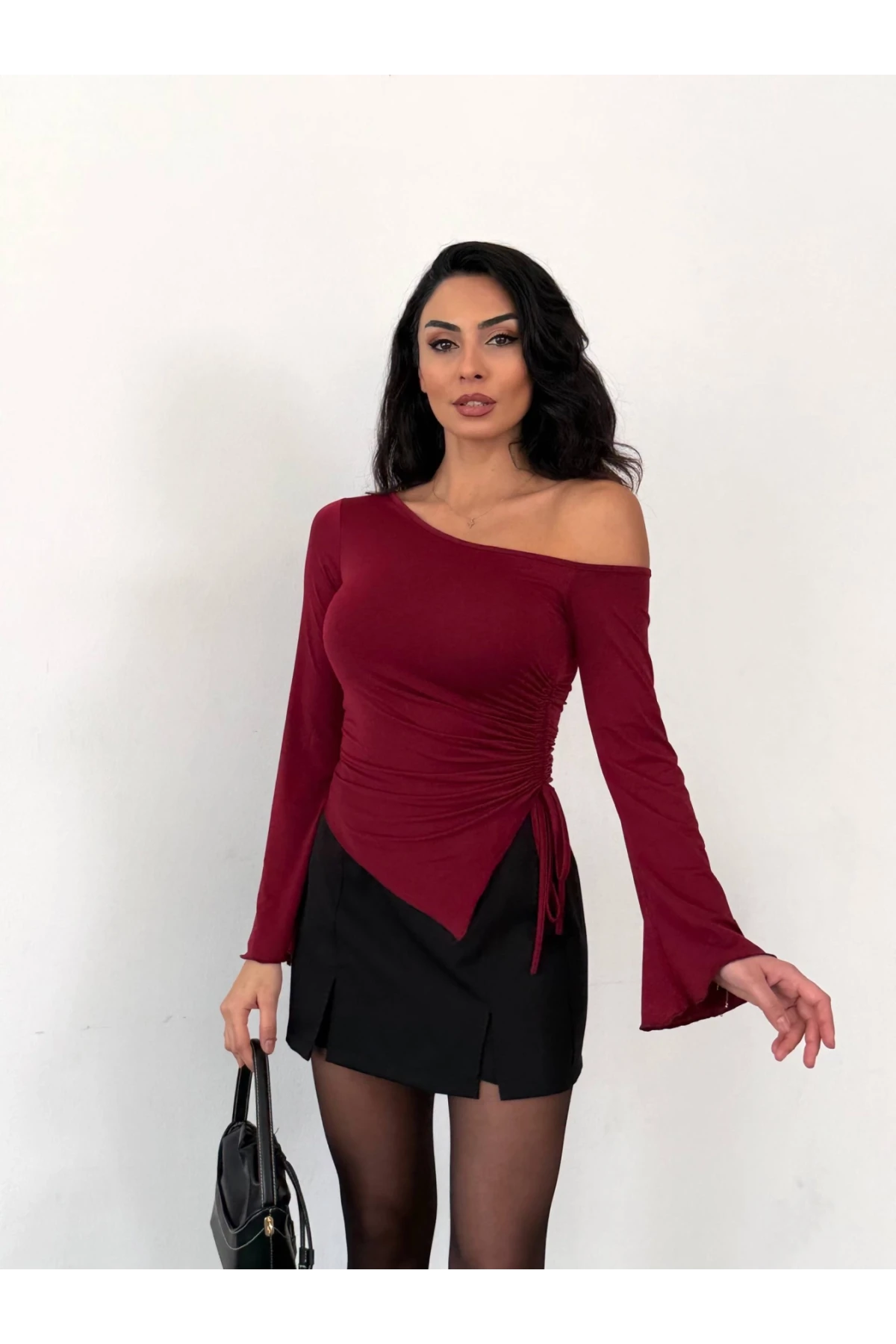 Kadın Bordo Asimetrik Kesim İspanyol Kol Beli Büzgülü Sandy Bluz HZL25W-FRY123591