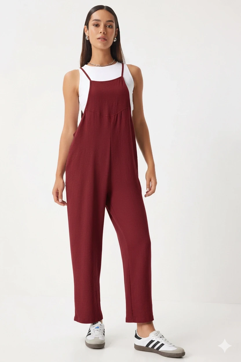 Kadın Bordo Ayarlanabilir Askılı Cepli Bol Paça Bahçıvan Tulum Hzl22s-bd170191