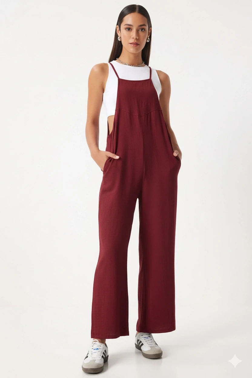Kadın Bordo Ayarlanabilir Askılı Cepli Bol Paça Bahçıvan Tulum Hzl22s-bd170191