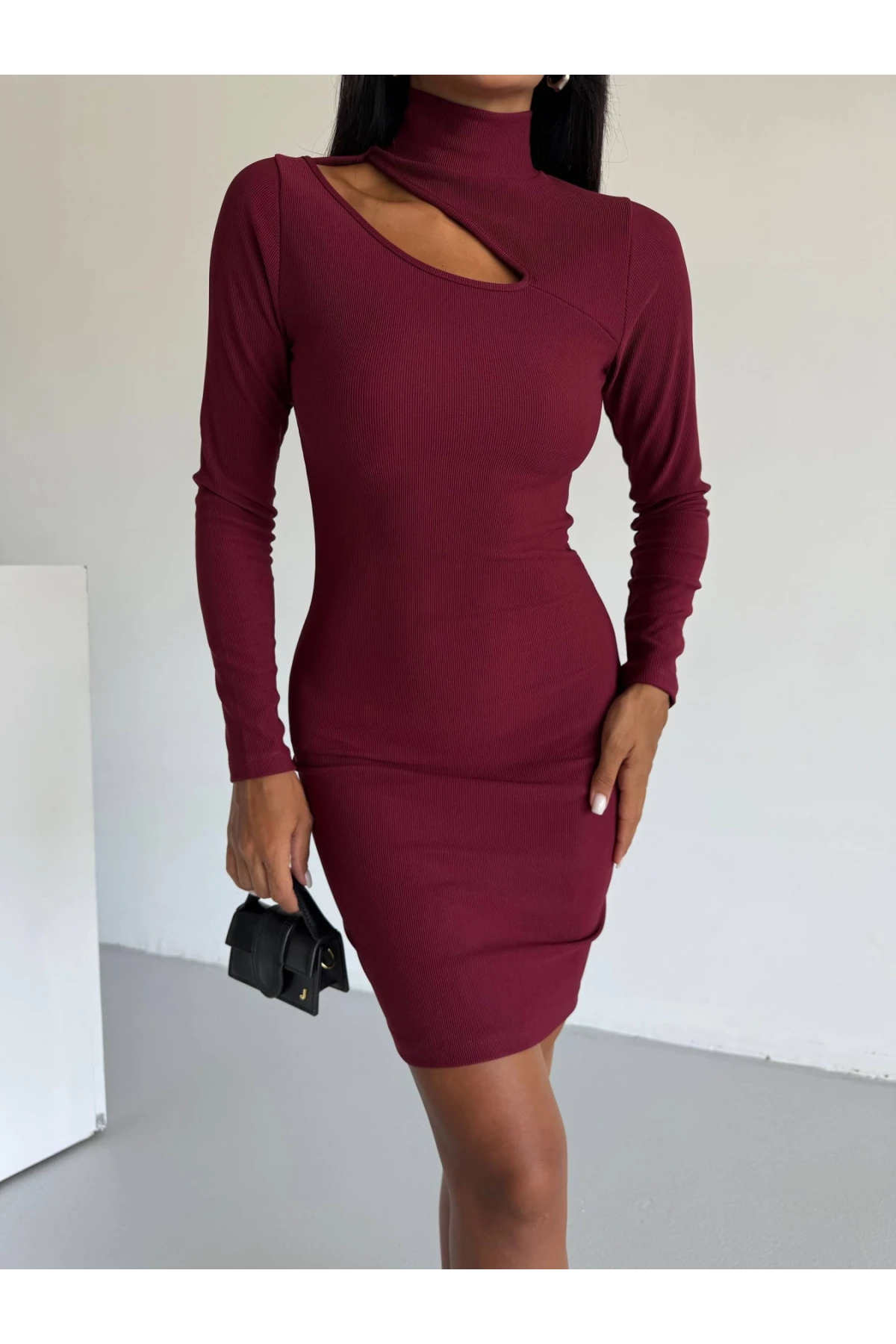 Kadın Bordo Boğazlı Uzun Kollu Ottoman Kumaş Elbise HZL25S-FRY123331