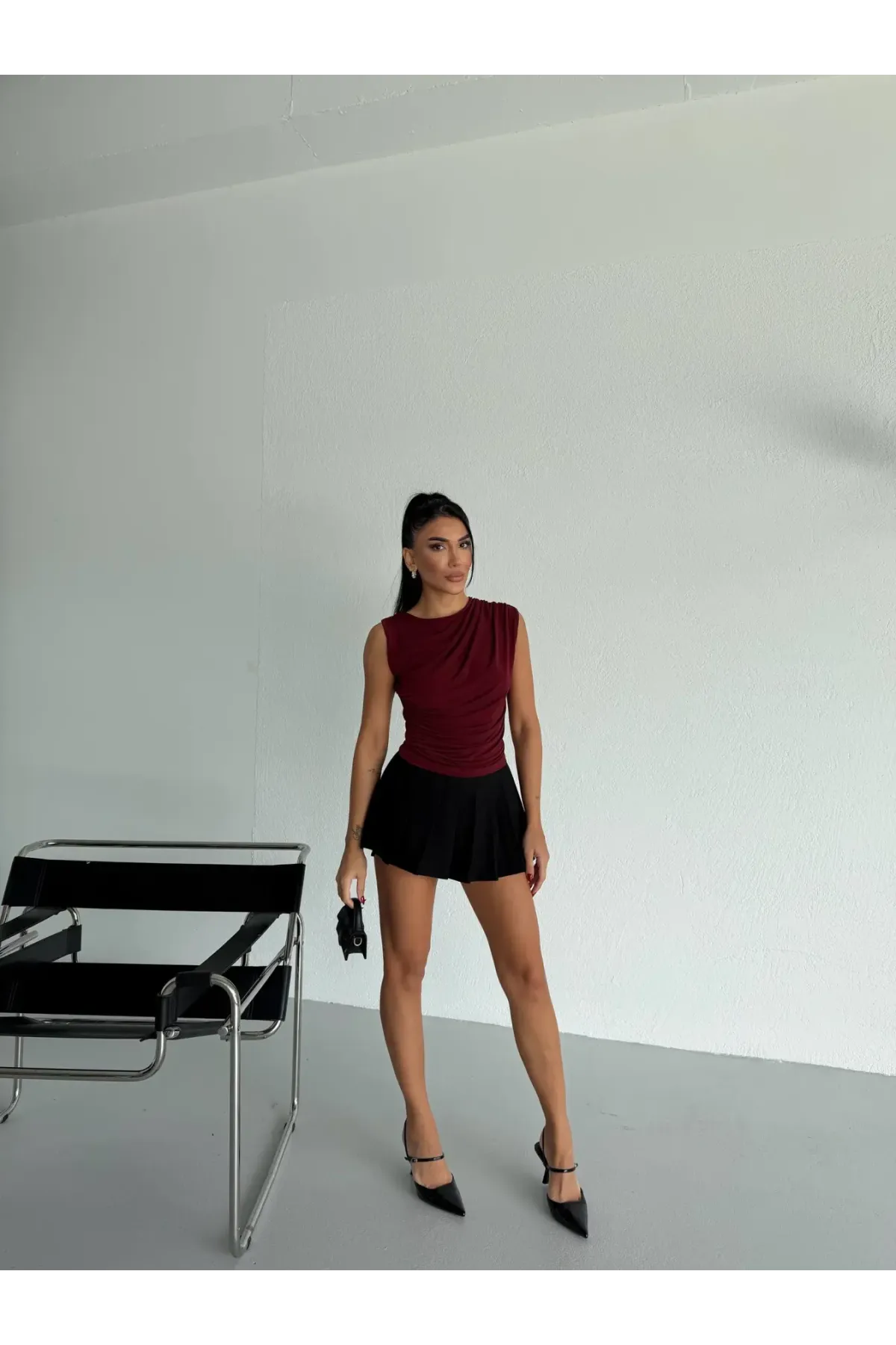 Kadın Bordo Büzgülü Kolsuz Sandy Bluz HZL26W-FRY122751