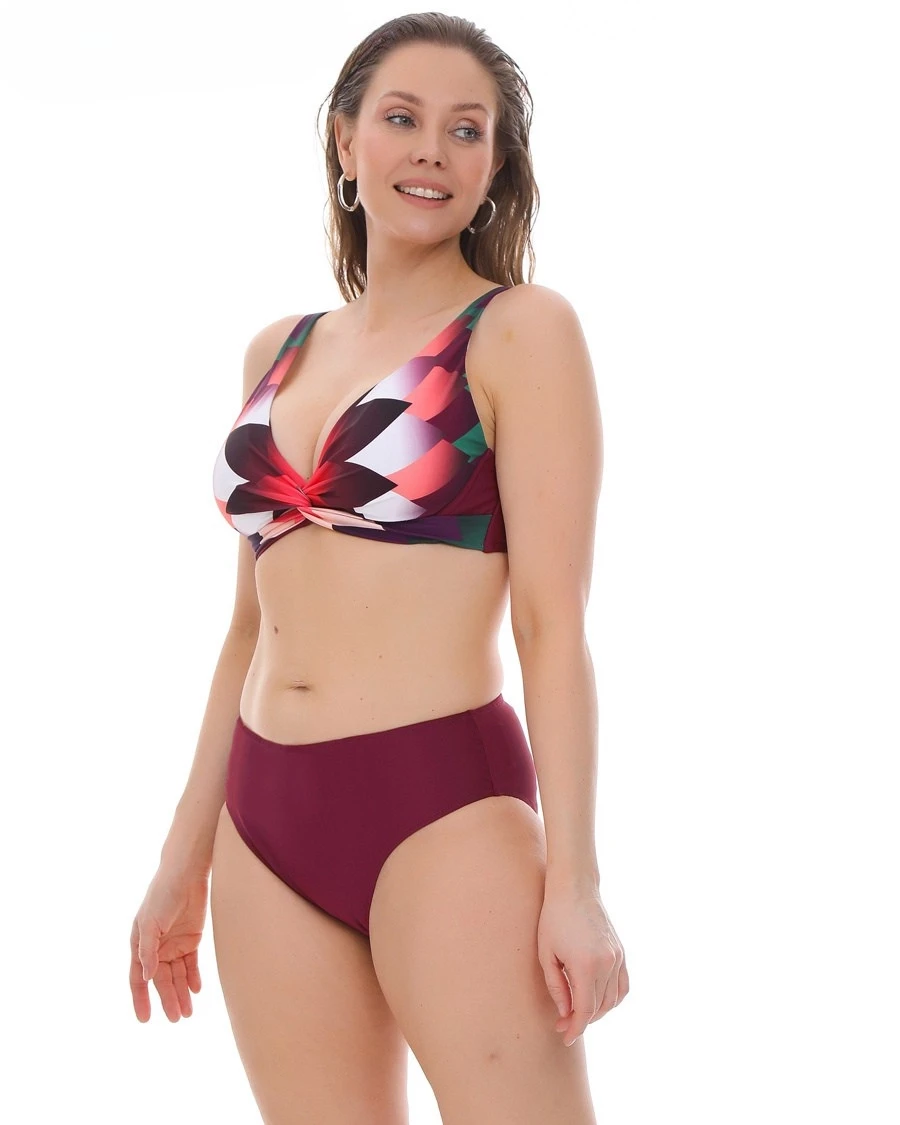 Kadın Bordo Çok Renkli Yüksel Bel Astarlı Bikini Takımı HZL25S-LC22315