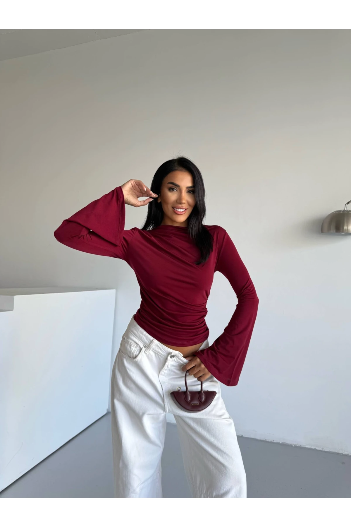 Kadın Bordo Drape Detaylı İspanyol Kol Sany Bluz HZL25W-FRY123431