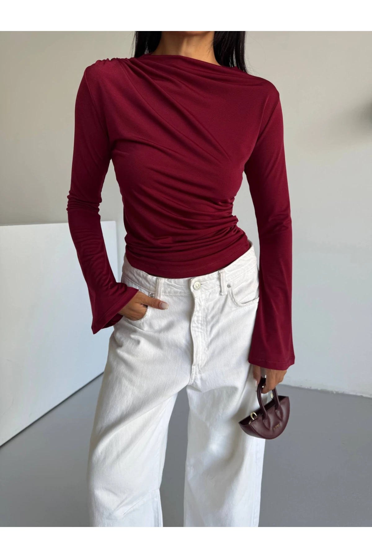 Kadın Bordo Drape Detaylı İspanyol Kol Sany Bluz HZL25W-FRY123431