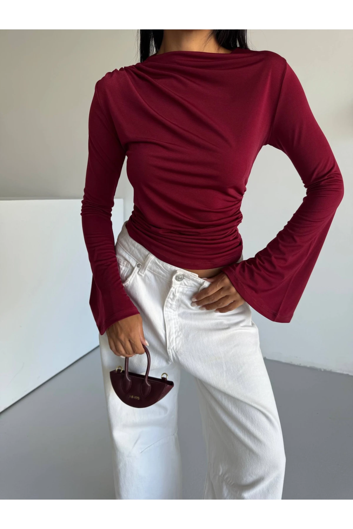 Kadın Bordo Drape Detaylı İspanyol Kol Sany Bluz HZL25W-FRY123431