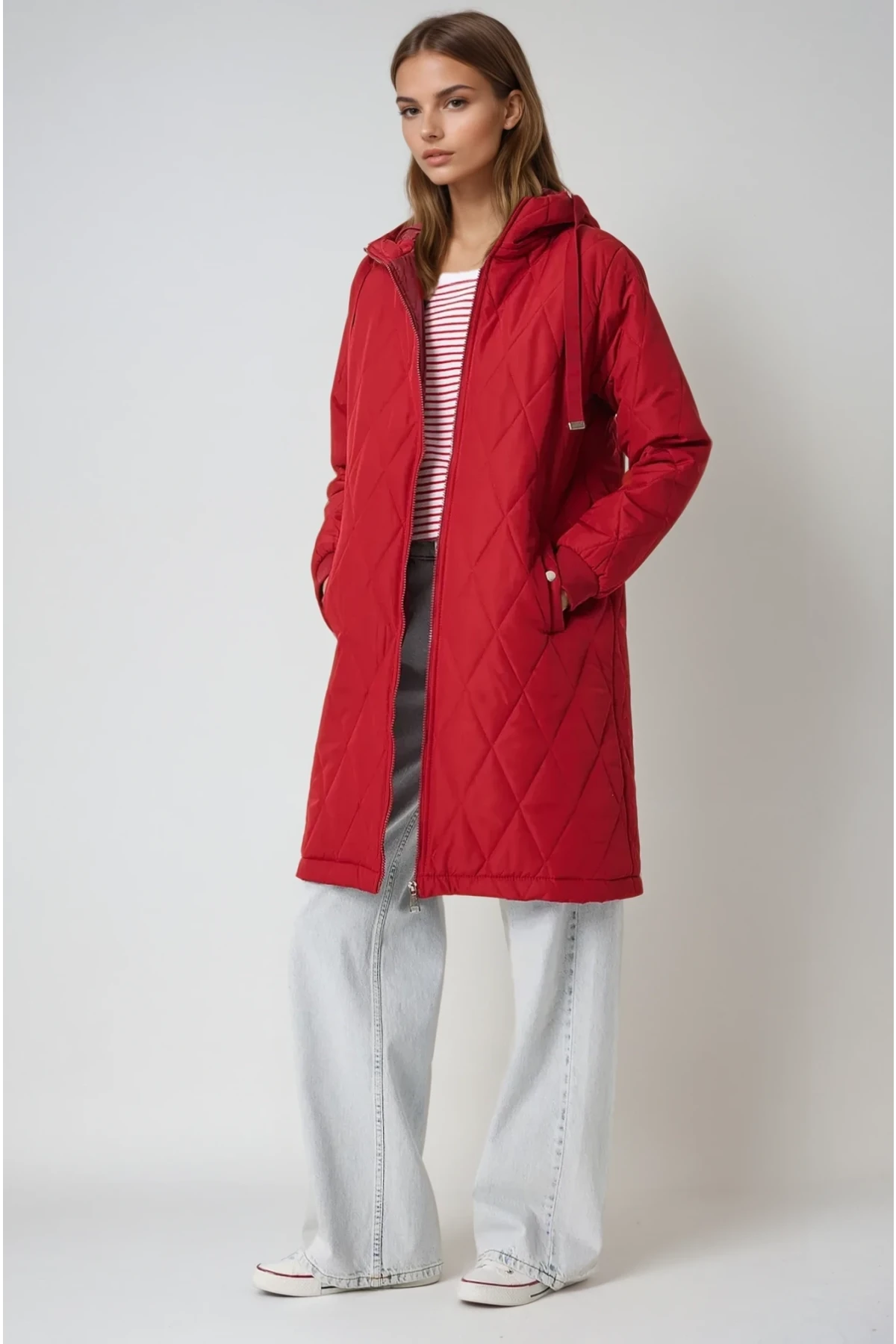 Kadın Bordo Kapitone Uzun Şişme Mont HZL22W-BD151381