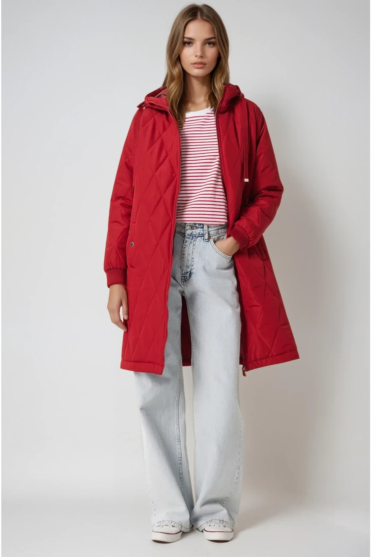 Kadın Bordo Kapitone Uzun Şişme Mont HZL22W-BD151381