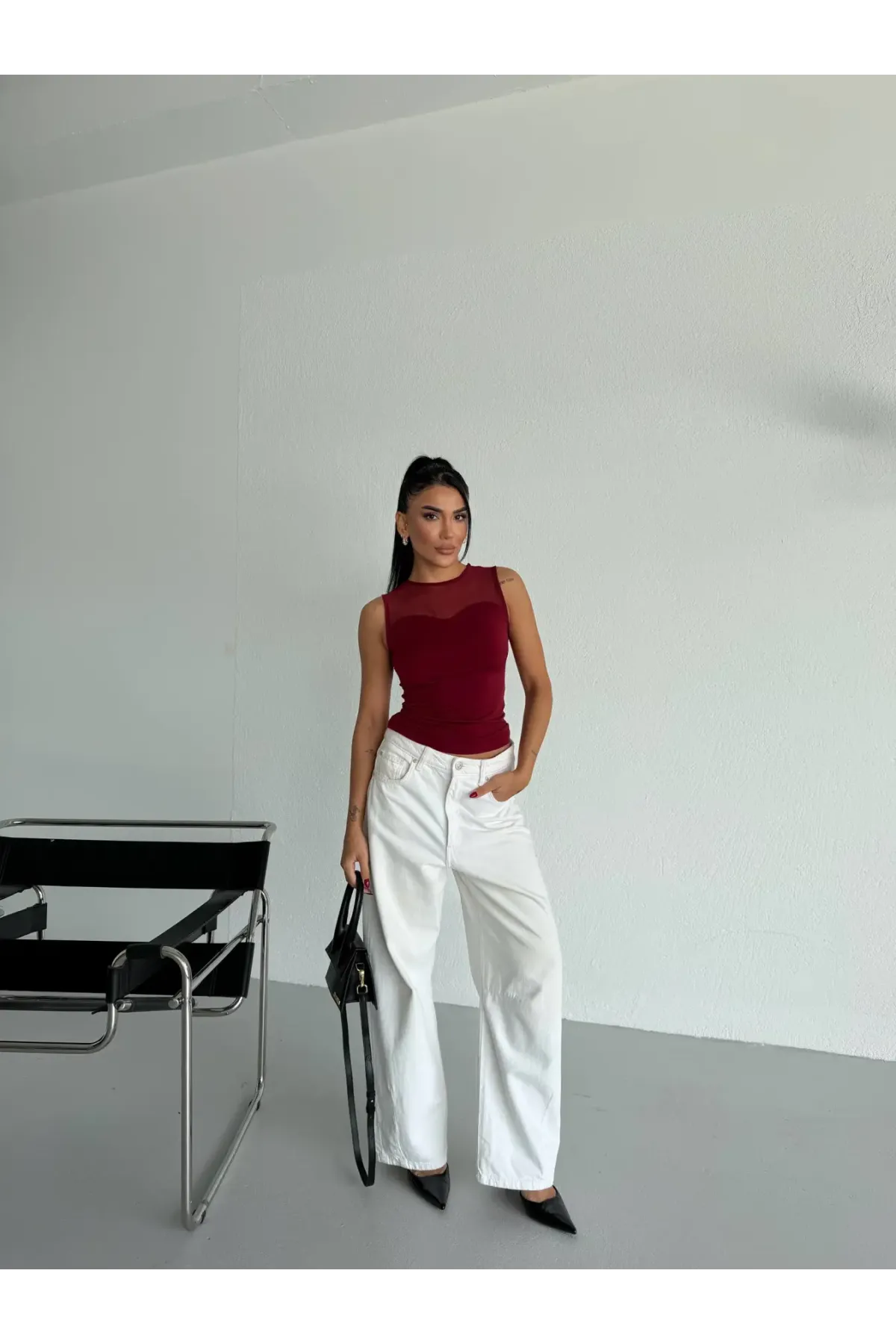 Kadın Bordo Kolsuz Likralı Tül Detay Sandy Bluz HZL26W-FRY123721