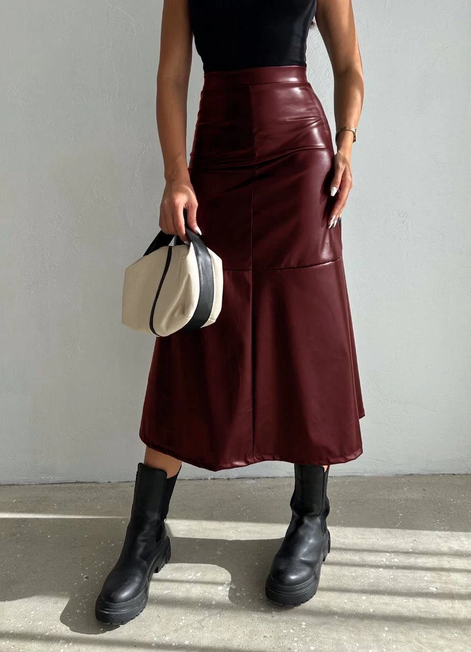 Kadın Bordo Midi Boy Fermuar Kapamalı Suni Deri Etek  HZL25W-FRY121651