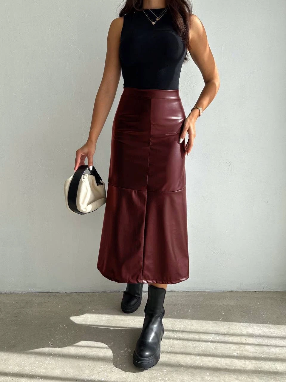 Kadın Bordo Midi Boy Fermuar Kapamalı Suni Deri Etek  HZL25W-FRY121651