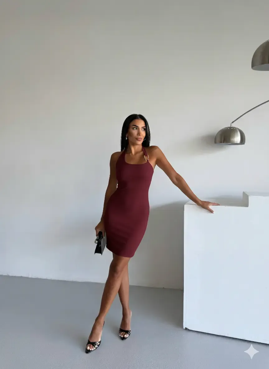 Kadın Bordo Ottoman Kumaş Halter Yaka Toka Detay Elbise HZL26W-FRY123411