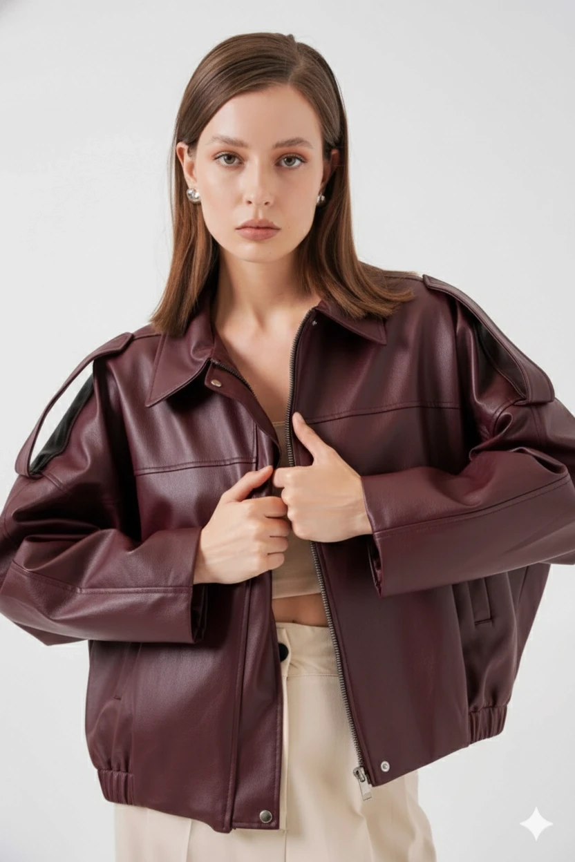 Kadın Bordo Oversize Fermuarlı ve Düğmeli Yandan Cepli Suni Deri Ceket HZL25W-BD110551