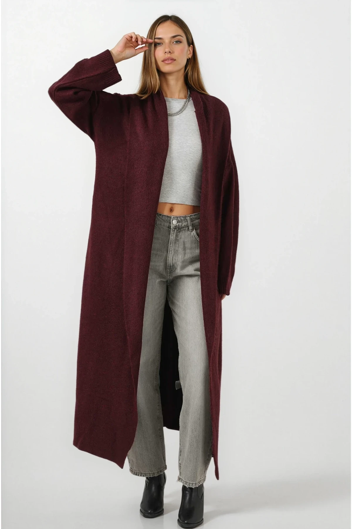 Kadın Bordo Oversize Uzun Triko Hırka HZL25W-BD1103041