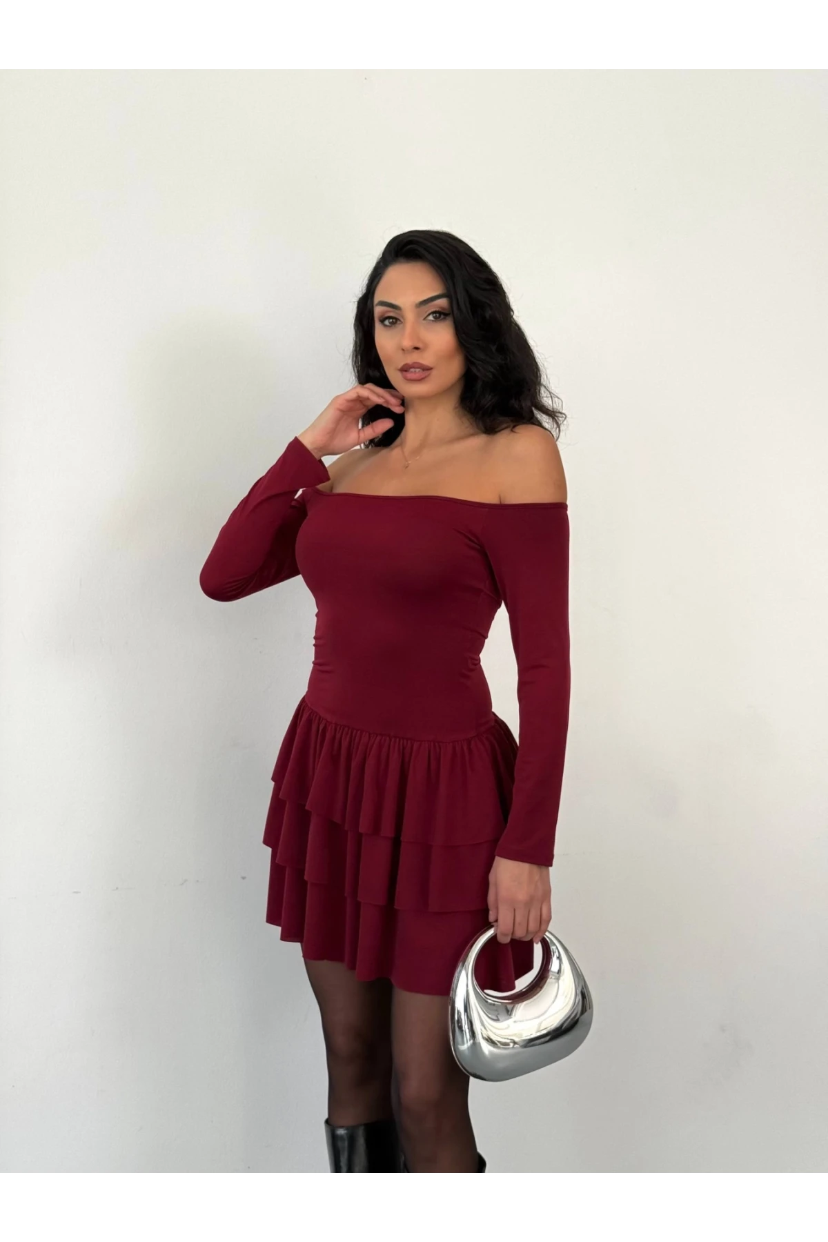 Kadın Bordo Straplez Yaka Kat Kat Etek Detaylı Mini Elbise HZL25W-FRY123581