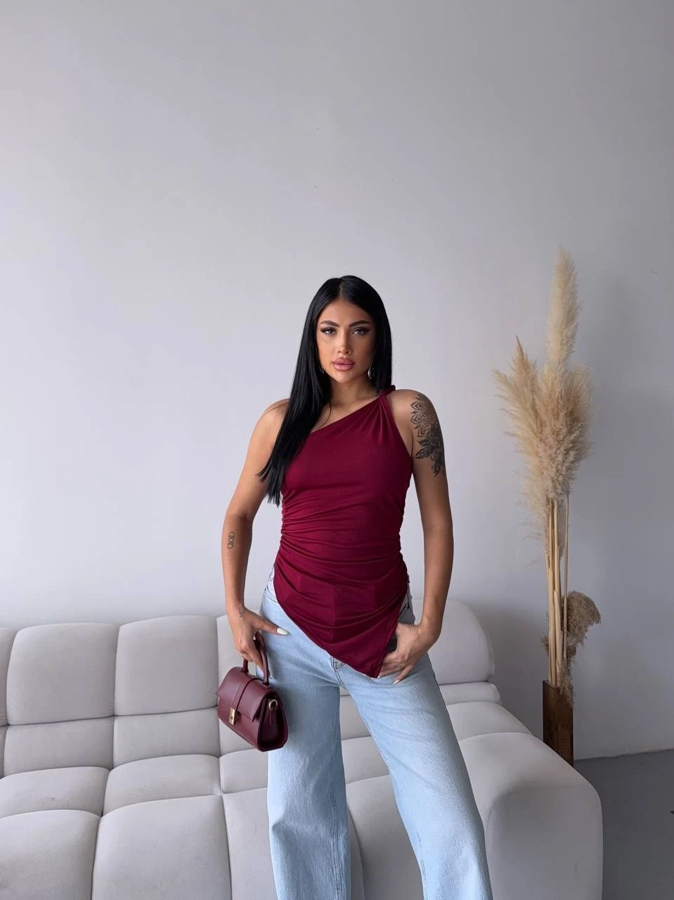 Kadın Bordo Tek Omuz Asimetrik Kesim Sandy Bluz HZL25S-FRY123241