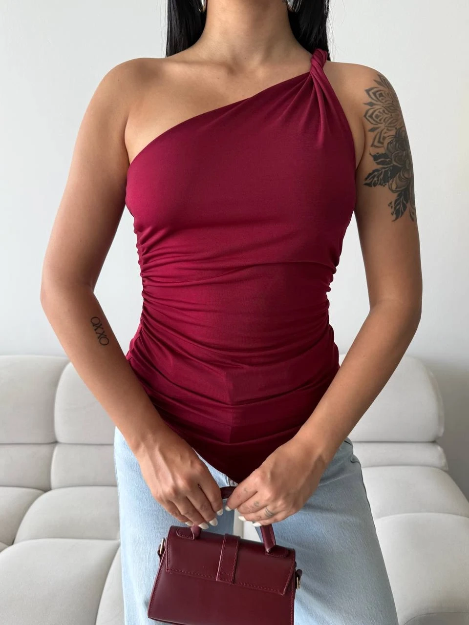 Kadın Bordo Tek Omuz Asimetrik Kesim Sandy Bluz HZL25S-FRY123241