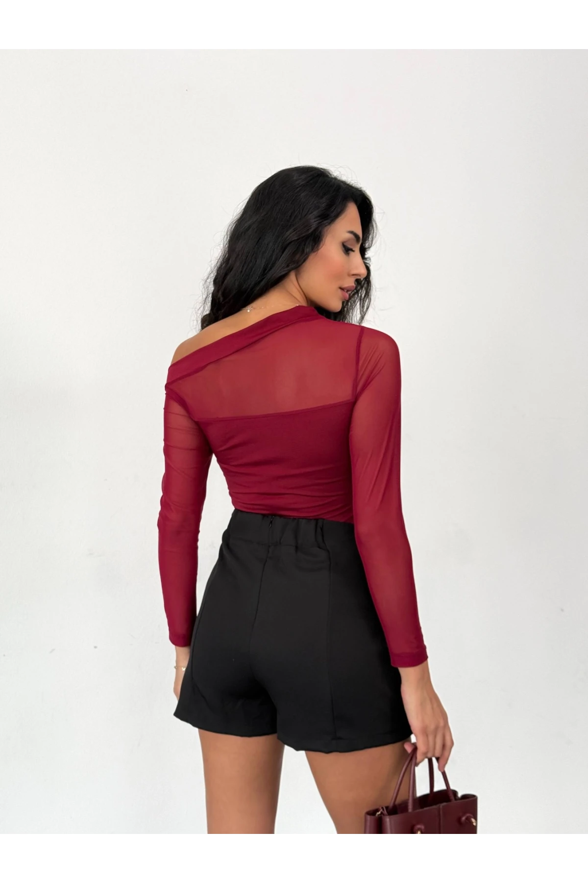 Kadın Bordo Tül Garnili Uzun Kol Şık Rahat Bluz HZL25W-FRY123541