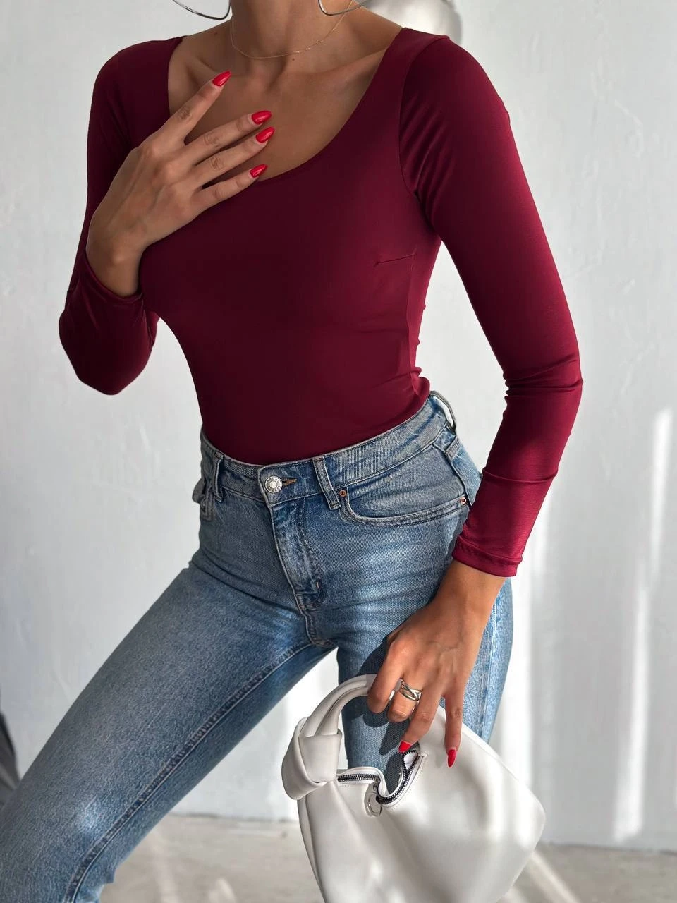 Kadın Bordo U Yaka Uzun Kollu Sandy Bluz HZL25S-FRY122471