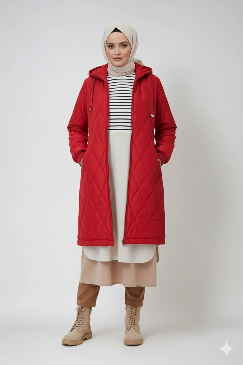 Kadın Bordo Uzun Kapitone Astarlı Şişme Tesettür Mont HZL25W-BD151381