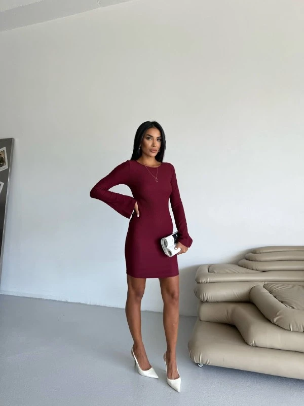 Kadın Bordo Uzun Kol Ottomon Kumaş Elbise HZL25W-FRY123341