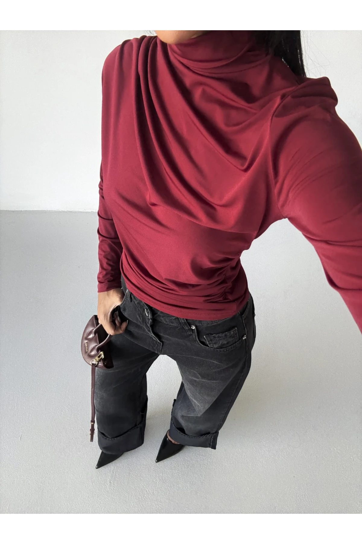 Kadın Bordo Uzun Kollu Drape Detaylı Boğazlı Sandy Bluz HZL25W-FRY123301