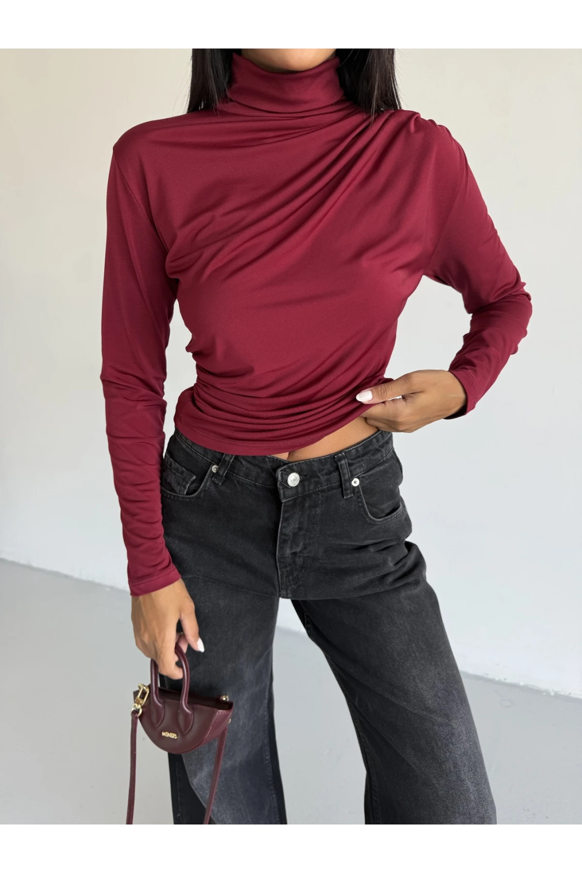 Kadın Bordo Uzun Kollu Drape Detaylı Boğazlı Sandy Bluz HZL25W-FRY123301