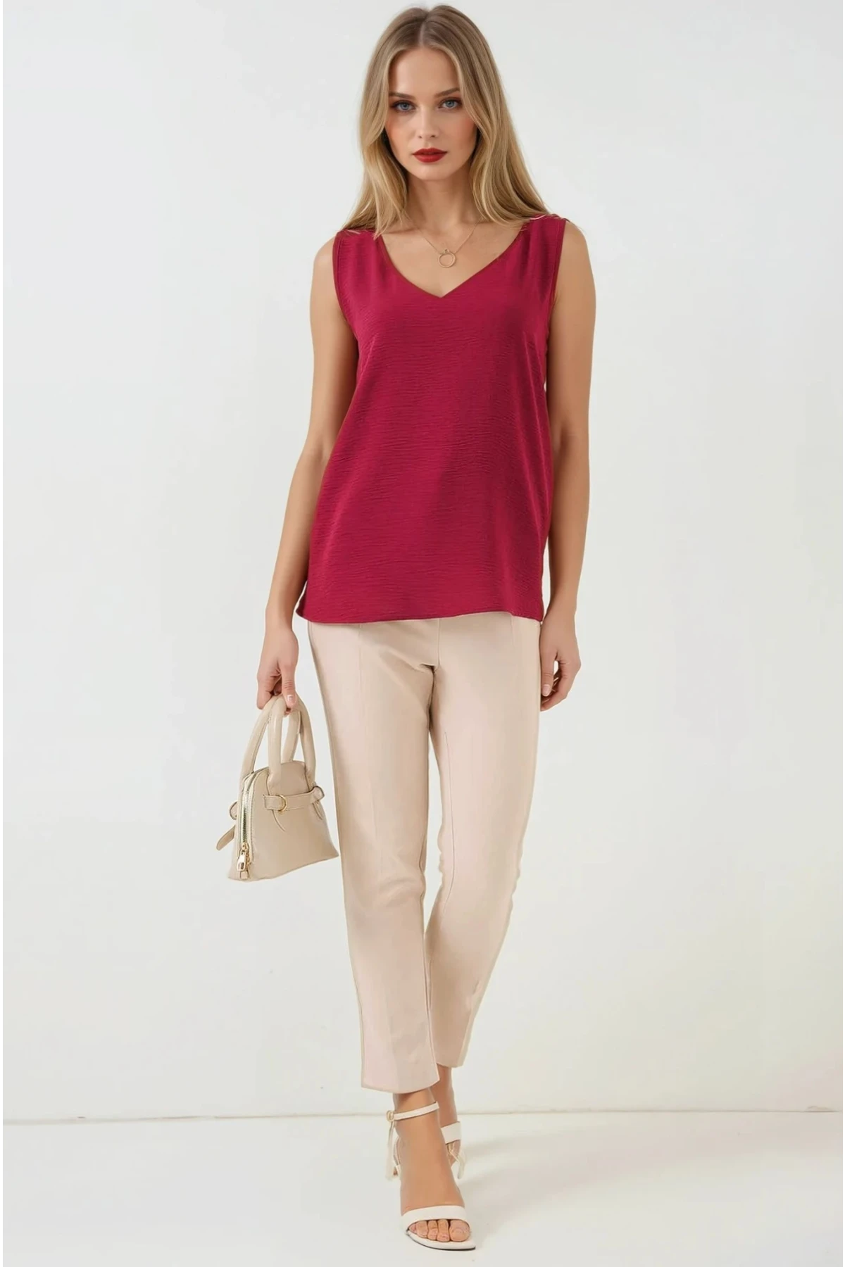 Kadın Bordo V Yaka Sıfır Kol Bluz HZL25S-BD19501