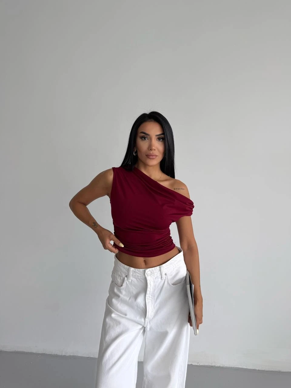 Kadın Bordo Yandan Drapeli Kayık Yaka Sandy Bluz HZL25S-FRY123201