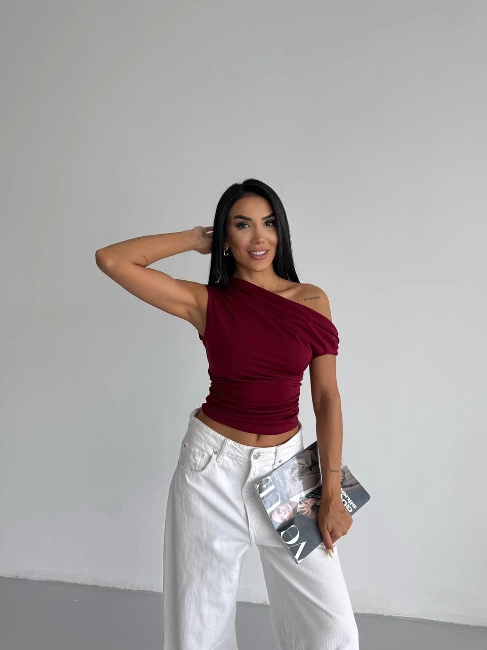 Kadın Bordo Yandan Drapeli Kayık Yaka Sandy Bluz HZL25S-FRY123201