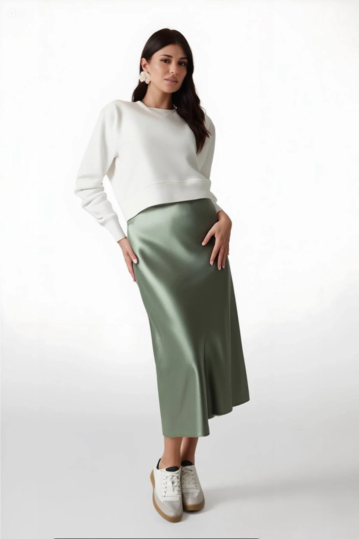 Kadın Çağla Saten Yüzeyli Beli Lastikli Midi Boy Etek Hzl23s-bd1101471