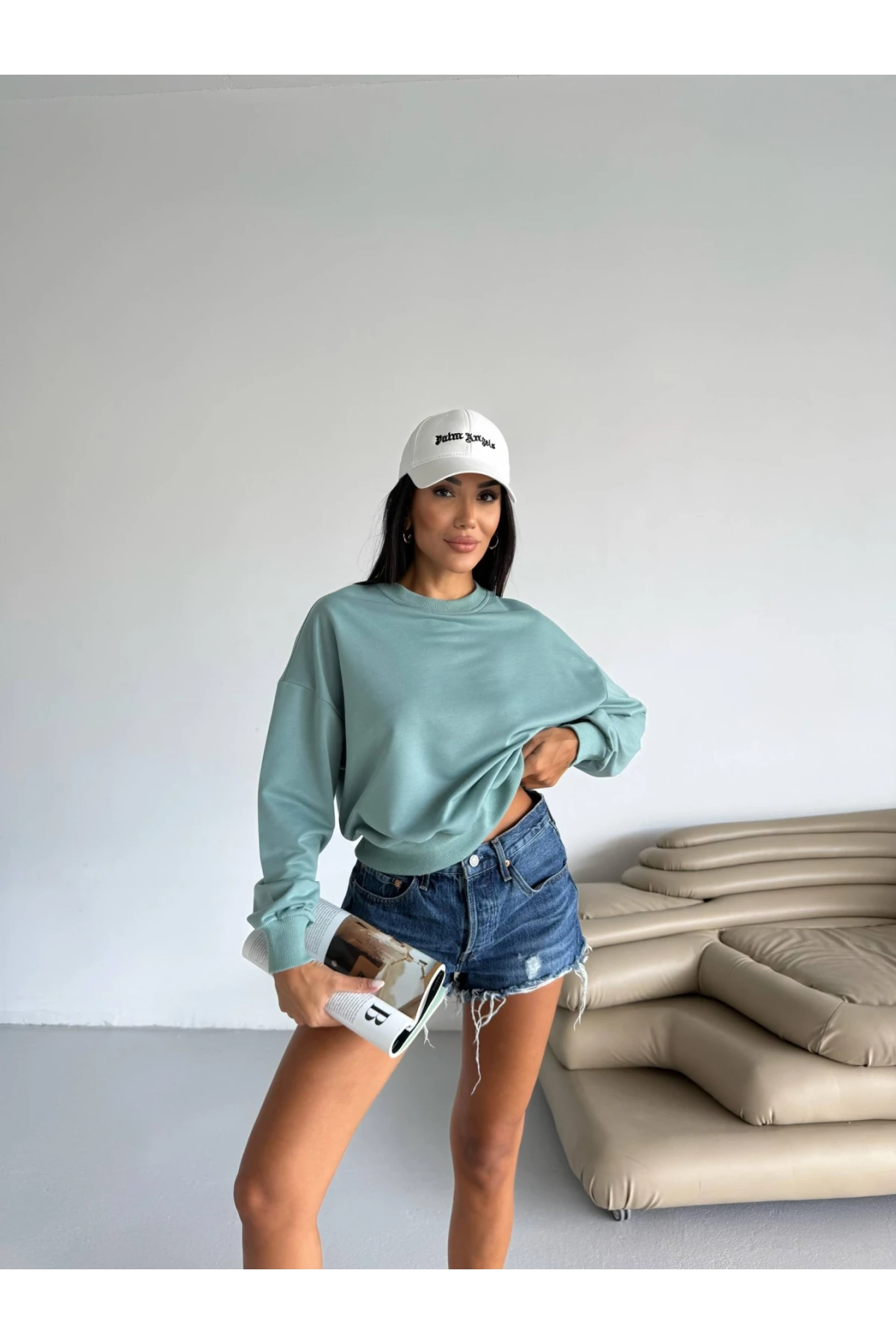 Kadın Çağla Yeşil Bisiklet Yaka 2 İplik Sweatshirt HZL25W-FRY123391