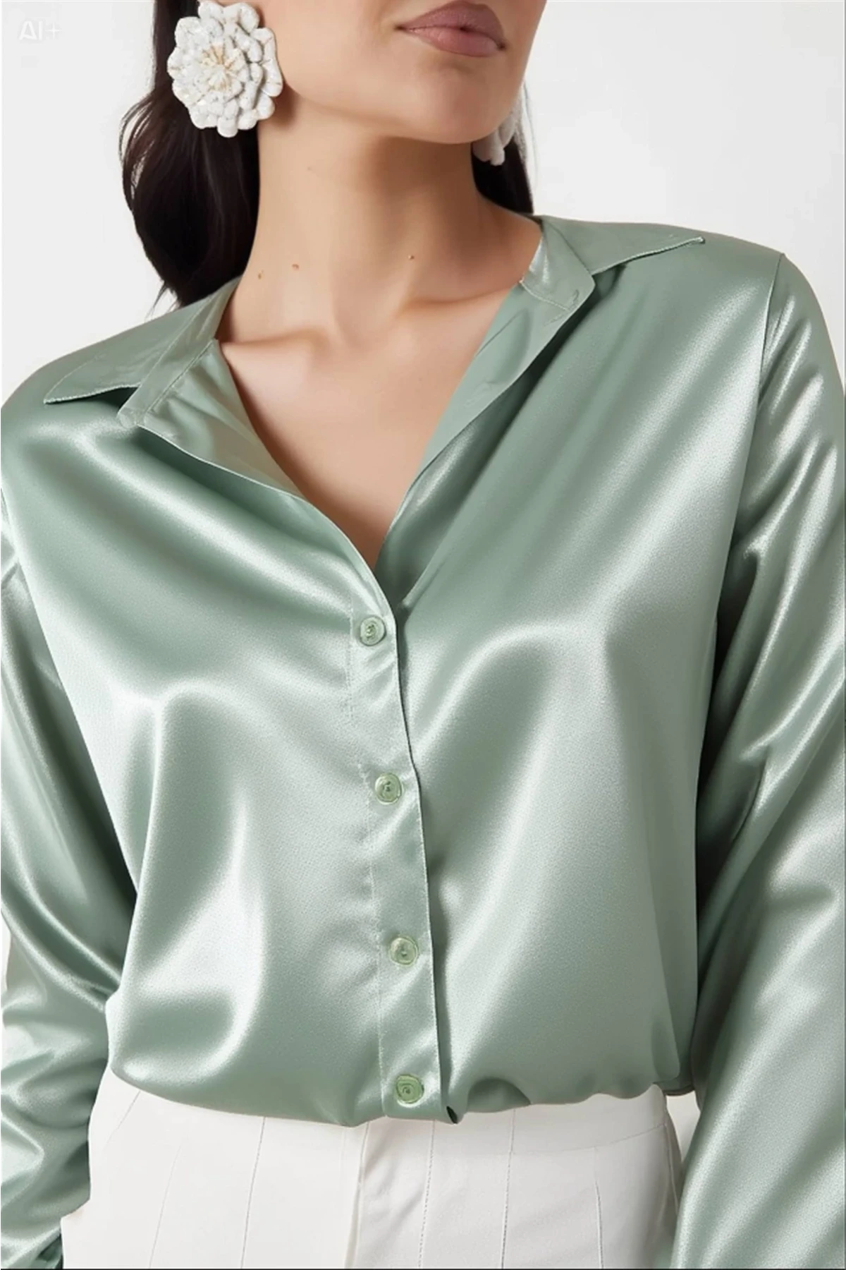 Kadın Çağla Yeşili Hafif Dökümlü Saten Yüzeyli Gömlek Hzl22w-bd139641