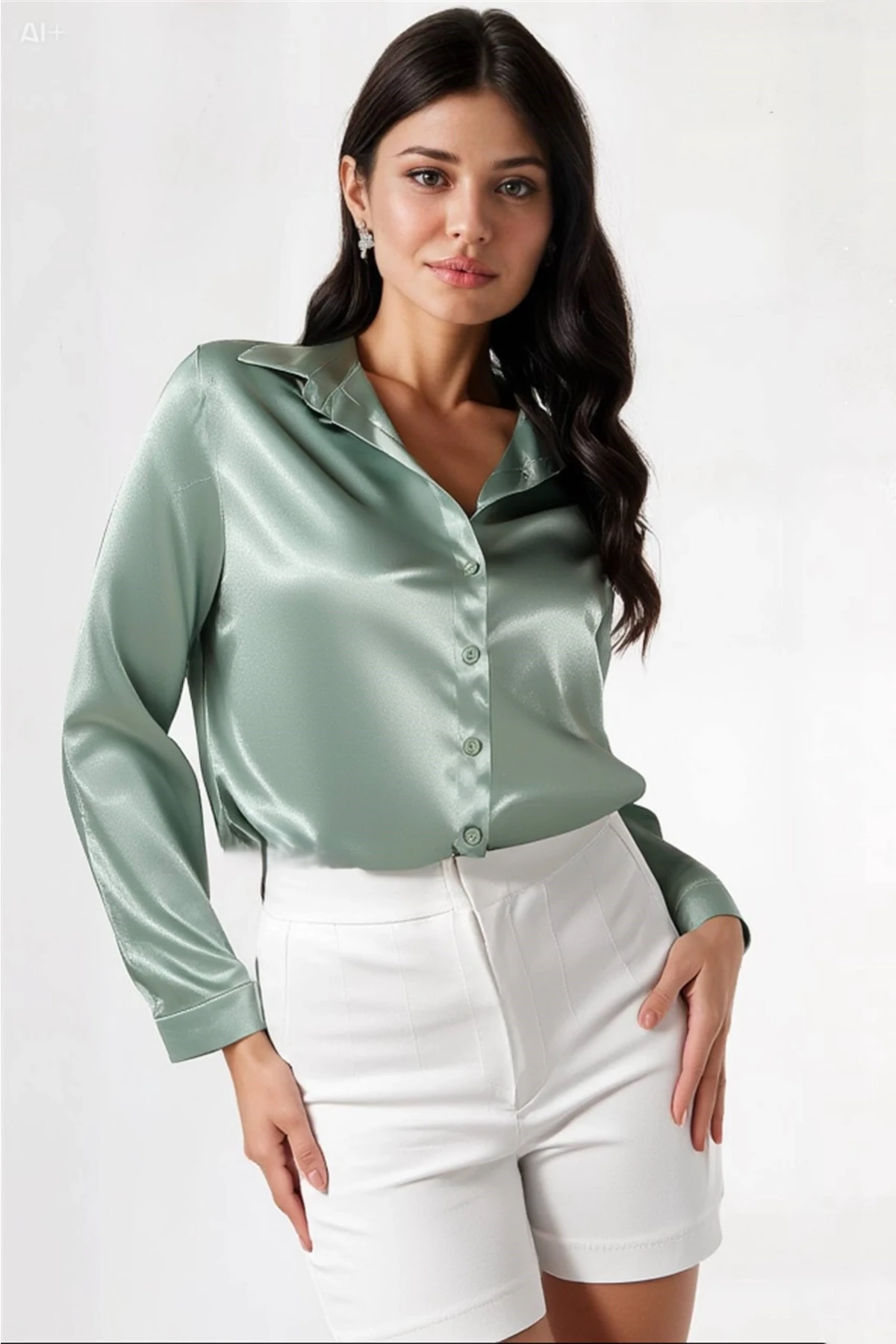 Kadın Çağla Yeşili Hafif Dökümlü Saten Yüzeyli Gömlek Hzl22w-bd139641
