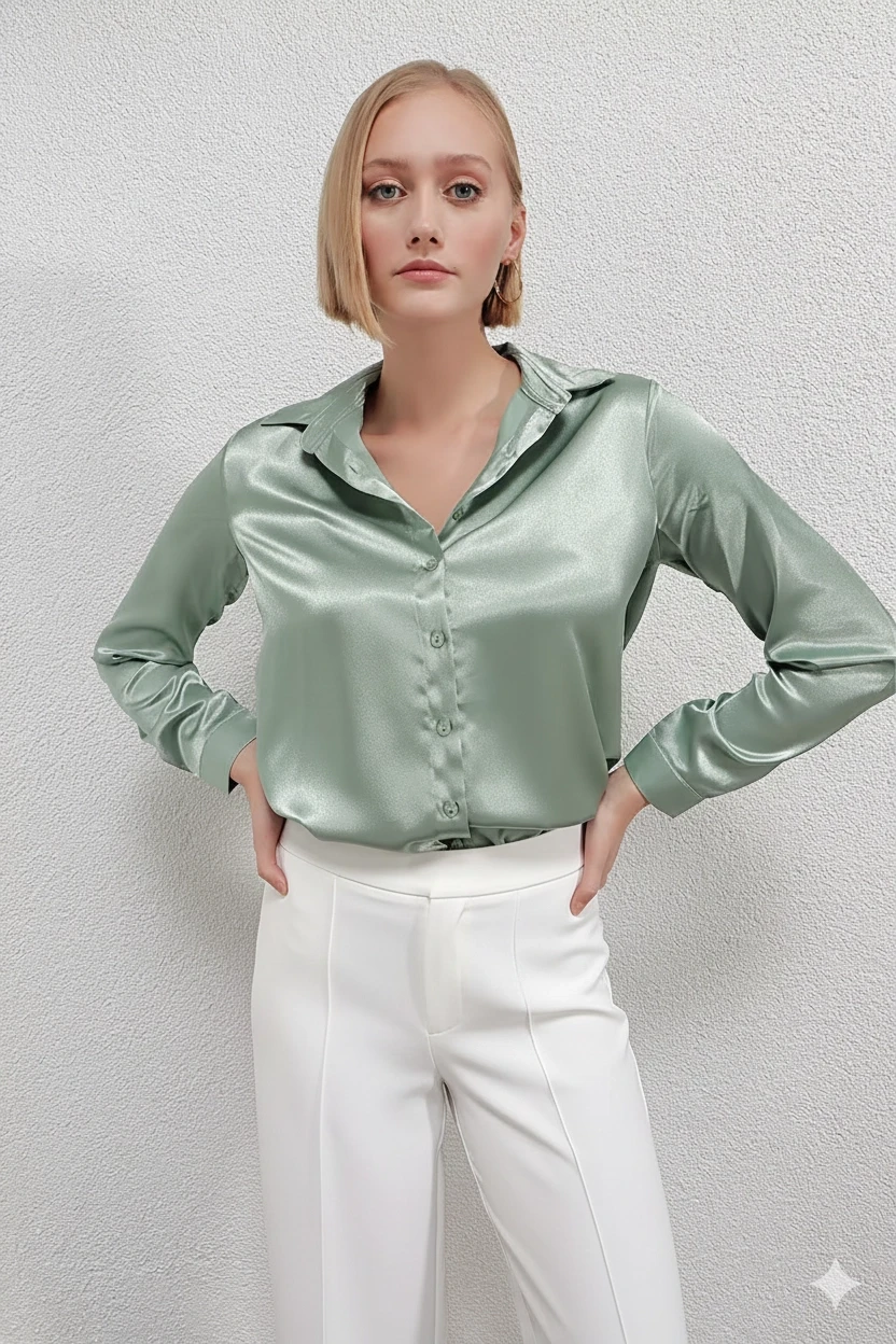 Kadın Çağla Yeşili Hafif Dökümlü Saten Yüzeyli Gömlek Hzl22w-bd139641
