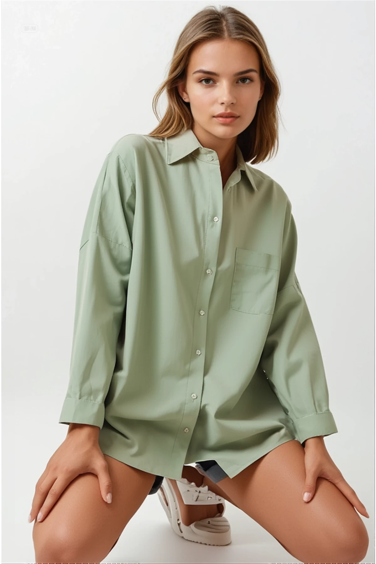 Kadın Çağla Yeşili Oversize Uzun Basic Gömlek Hzl22w-bd139001