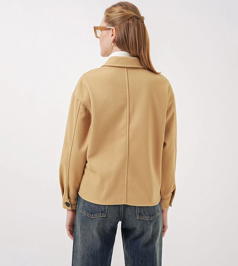 Kadın Camel Düğmeli Cepli Kısa Kaşe Ceket HZL25W-BD107131
