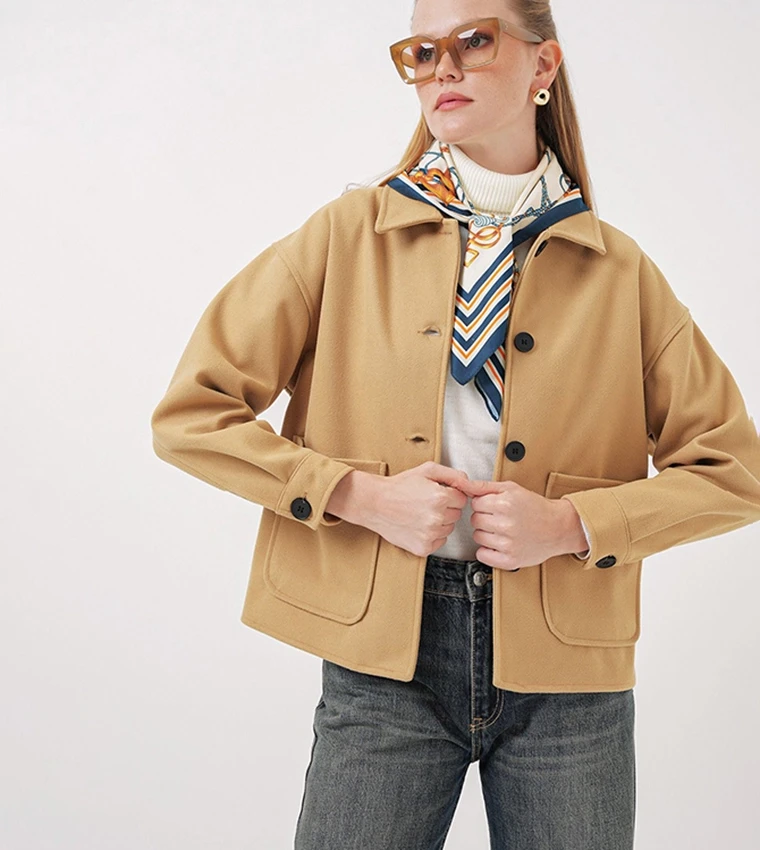 Kadın Camel Düğmeli Cepli Kısa Kaşe Ceket HZL25W-BD107131