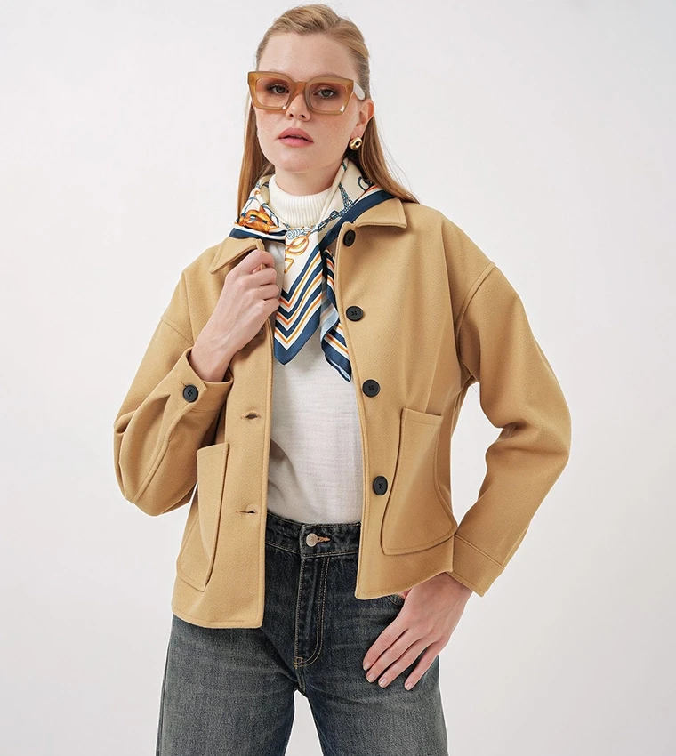 Kadın Camel Düğmeli Cepli Kısa Kaşe Ceket HZL25W-BD107131