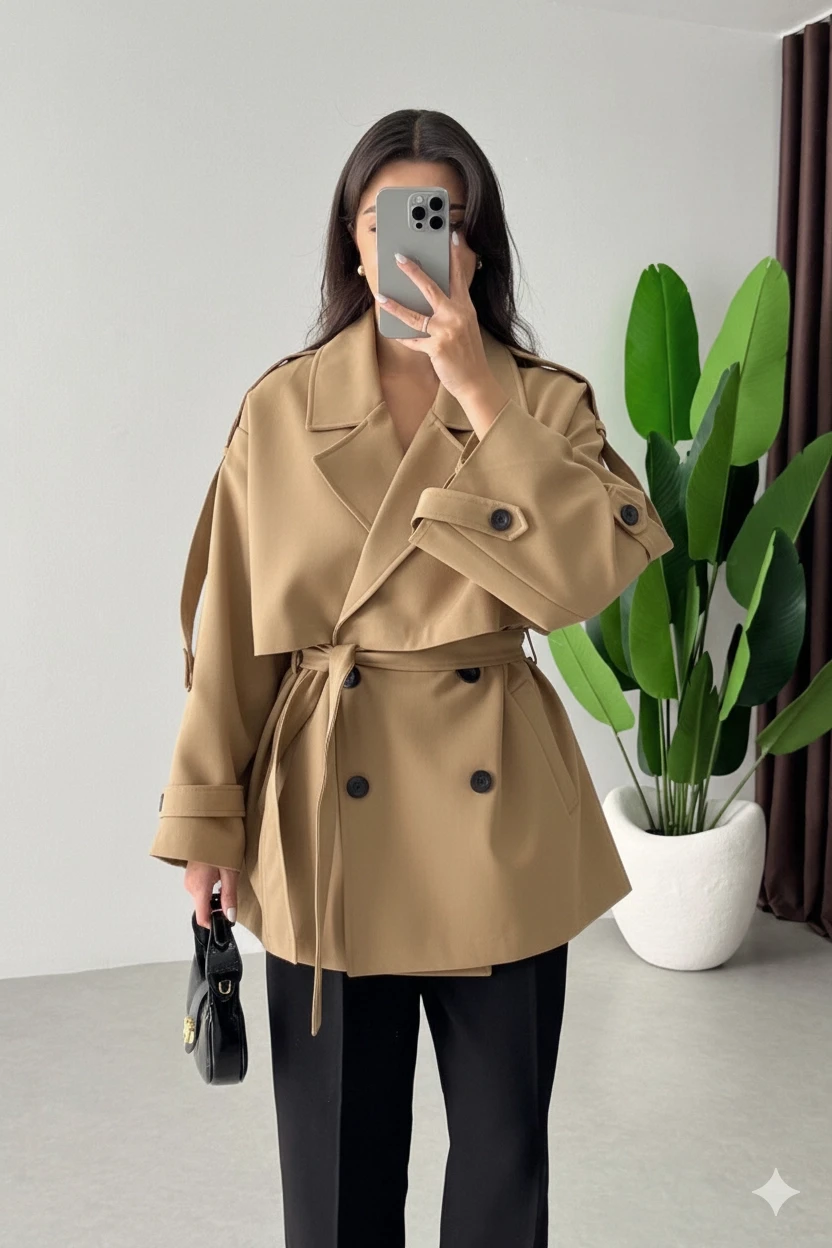 Kadın Camel Premium Midi Boy Astarlı Kaşe Kaban HZL25W-BD191571