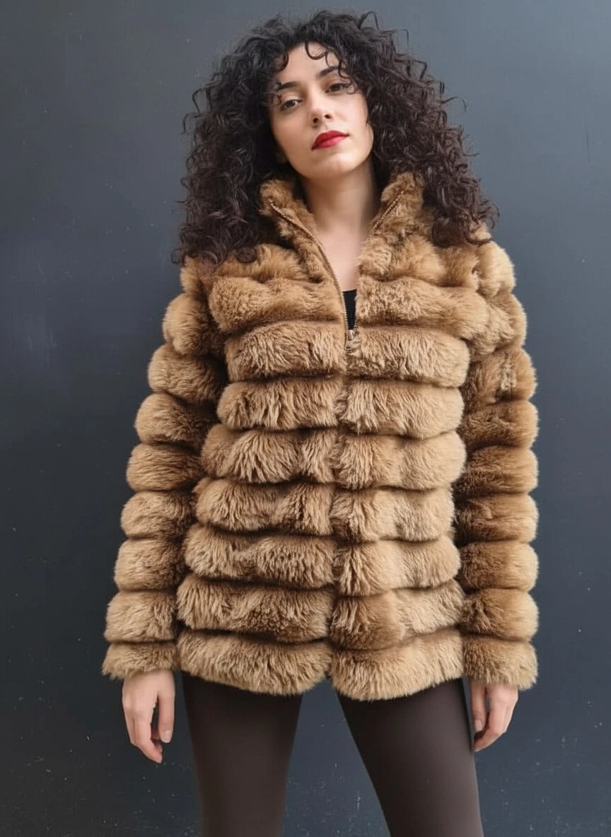 Kadın Camel Şık Peluş Suni Kürk Ceket HZL23W-DSB110061